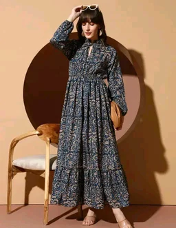 LOOKSHINE Mandarin Neck Floral Printed Sensational Dress For Women - S, Black