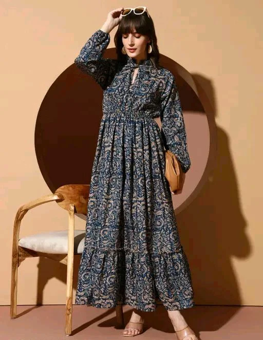 LOOKSHINE Mandarin Neck Floral Printed Sensational Dress For Women - M, Black