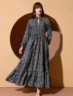 LOOKSHINE Mandarin Neck Floral Printed Sensational Dress For Women - L, Black