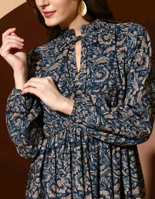 LOOKSHINE Mandarin Neck Floral Printed Sensational Dress For Women - XXL, Black