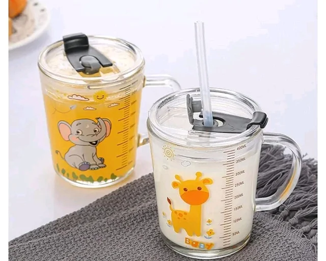 Cartoon Printed Milk Glass Sipper Jar with Straw and Lid for Kids Boy and Girl Glass Coffee Mug (350 ml)