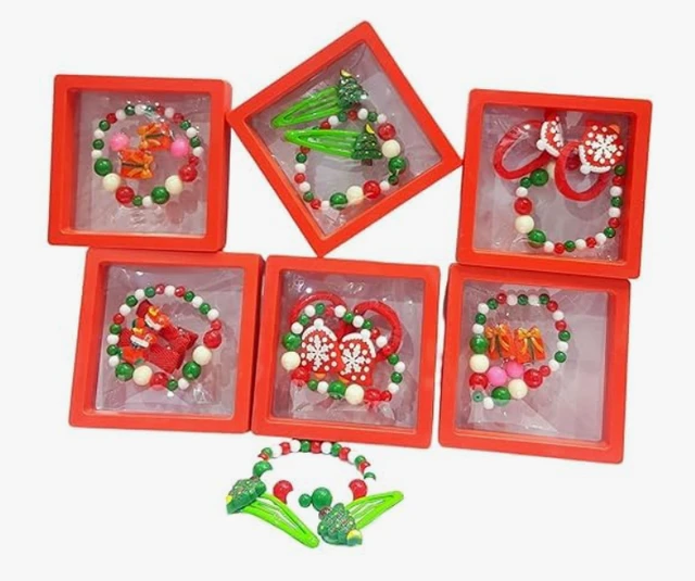 Christmas Holiday Girls Beaded Bracelet and Hair Accessories Gift Set, Red Green White Colors,
