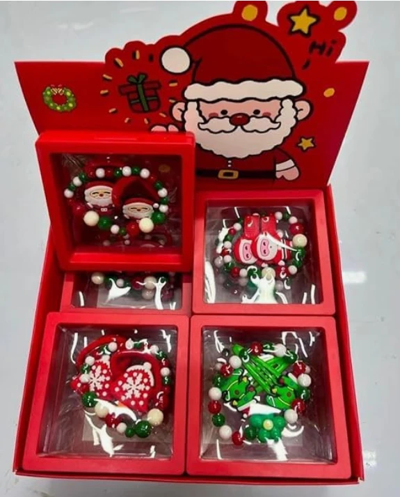Christmas Holiday Girls Beaded Bracelet and Hair Accessories Gift Set, Red Green White Colors,