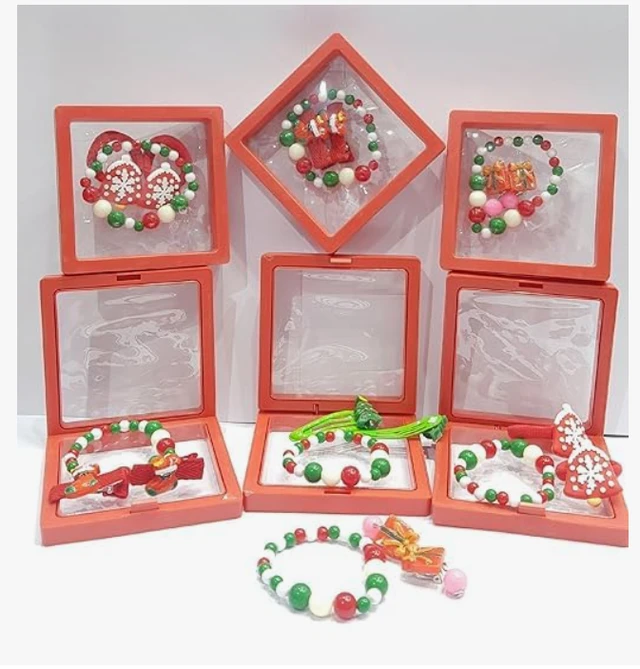 Christmas Holiday Girls Beaded Bracelet and Hair Accessories Gift Set, Red Green White Colors,
