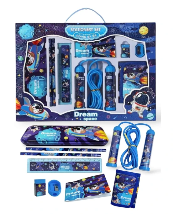 Space Stationery Kit (1 Kit) Stationery Item Include - Pencil Box, Wallet, Sharpener, Eraser, Skipping Rope, 2 Pencil, Ruler, Note Book Birthday Return Gift for Kids Stationery Kit for Boys - 15 x 10 x 10 Centimeters