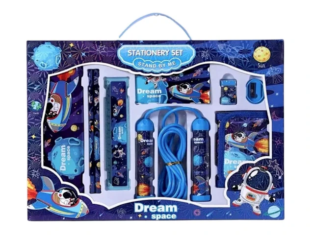 Space Stationery Kit (1 Kit) Stationery Item Include - Pencil Box, Wallet, Sharpener, Eraser, Skipping Rope, 2 Pencil, Ruler, Note Book Birthday Return Gift for Kids Stationery Kit for Boys - 15 x 10 x 10 Centimeters