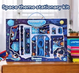 Space Stationery Kit (1 Kit) Stationery Item Include - Pencil Box, Wallet, Sharpener, Eraser, Skipping Rope, 2 Pencil, Ruler, Note Book Birthday Return Gift for Kids Stationery Kit for Boys - 15 x 10 x 10 Centimeters