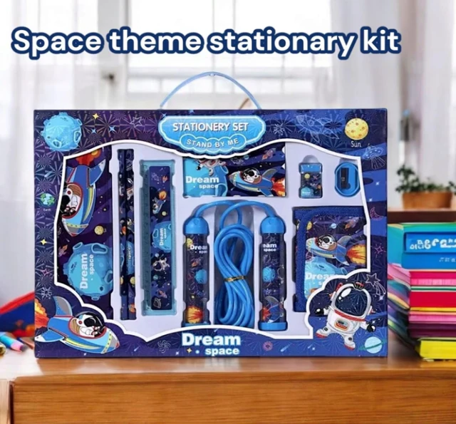 Space Stationery Kit (1 Kit) Stationery Item Include - Pencil Box, Wallet, Sharpener, Eraser, Skipping Rope, 2 Pencil, Ruler, Note Book Birthday Return Gift for Kids Stationery Kit for Boys - 15 x 10 x 10 Centimeters