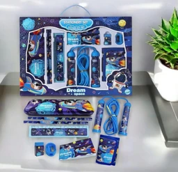 Space Stationery Kit (1 Kit) Stationery Item Include - Pencil Box, Wallet, Sharpener, Eraser, Skipping Rope, 2 Pencil, Ruler, Note Book Birthday Return Gift for Kids Stationery Kit for Boys - 15 x 10 x 10 Centimeters