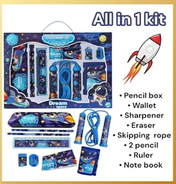 Space Stationery Kit (1 Kit) Stationery Item Include - Pencil Box, Wallet, Sharpener, Eraser, Skipping Rope, 2 Pencil, Ruler, Note Book Birthday Return Gift for Kids Stationery Kit for Boys - 15 x 10 x 10 Centimeters