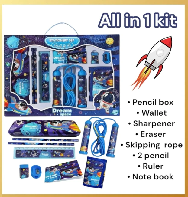 Space Stationery Kit (1 Kit) Stationery Item Include - Pencil Box, Wallet, Sharpener, Eraser, Skipping Rope, 2 Pencil, Ruler, Note Book Birthday Return Gift for Kids Stationery Kit for Boys - 15 x 10 x 10 Centimeters