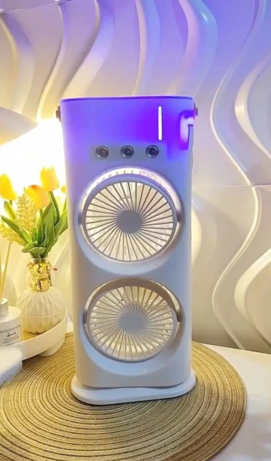 Portable Double Headed Mini Air Cooler For Home & Office Spray Cooling With Mist Humidifier 3 Gear USB Rechargable Oacillating Fan With LED Light Cooler Fan, Touch & Remote Control Ice Filling - 10D x 15W x 38H Centimeters