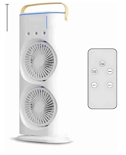 Portable Double Headed Mini Air Cooler For Home & Office Spray Cooling With Mist Humidifier 3 Gear USB Rechargable Oacillating Fan With LED Light Cooler Fan, Touch & Remote Control Ice Filling - 10D x 15W x 38H Centimeters