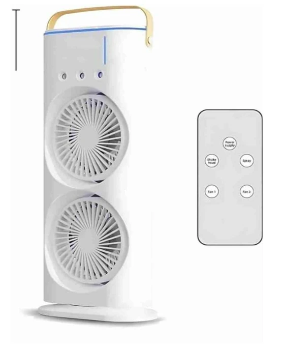 Portable Double Headed Mini Air Cooler For Home & Office Spray Cooling With Mist Humidifier 3 Gear USB Rechargable Oacillating Fan With LED Light Cooler Fan, Touch & Remote Control Ice Filling - 10D x 15W x 38H Centimeters