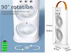 Portable Double Headed Mini Air Cooler For Home & Office Spray Cooling With Mist Humidifier 3 Gear USB Rechargable Oacillating Fan With LED Light Cooler Fan, Touch & Remote Control Ice Filling - 10D x 15W x 38H Centimeters