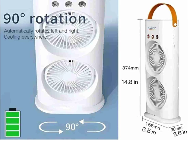 Portable Double Headed Mini Air Cooler For Home & Office Spray Cooling With Mist Humidifier 3 Gear USB Rechargable Oacillating Fan With LED Light Cooler Fan, Touch & Remote Control Ice Filling - 10D x 15W x 38H Centimeters