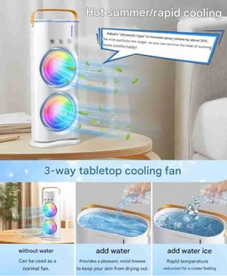 Portable Double Headed Mini Air Cooler For Home & Office Spray Cooling With Mist Humidifier 3 Gear USB Rechargable Oacillating Fan With LED Light Cooler Fan, Touch & Remote Control Ice Filling - 10D x 15W x 38H Centimeters