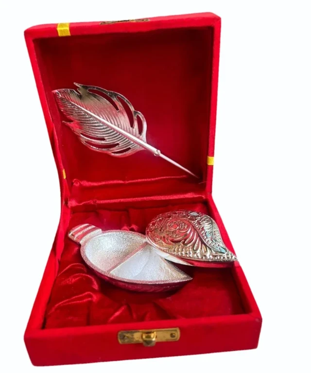 Silver Conch Shell Shaped Roli Chawal Box with Tilak Stick | Traditional Religious Gift Set | Decorative Pooja Accessory for Festivals, Puja & Home Decor