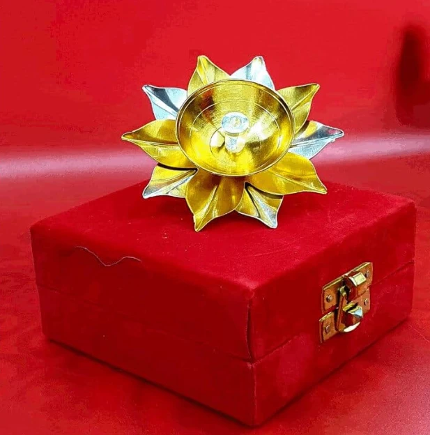 3" Brass Diya Velvet Box Lotus Diya Deep Jyoti Oil Lamp Akhand Diya or Home Temple Pooja Decor Diameter: 3 inches Height: 1 inches