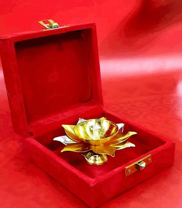 3" Brass Diya Velvet Box Lotus Diya Deep Jyoti Oil Lamp Akhand Diya or Home Temple Pooja Decor Diameter: 3 inches Height: 1 inches