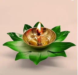 Lotus Brass Diya for Pooja – Hand-Painted Metal Oil Lamp for Diwali, Home Temple, Festival Decoration