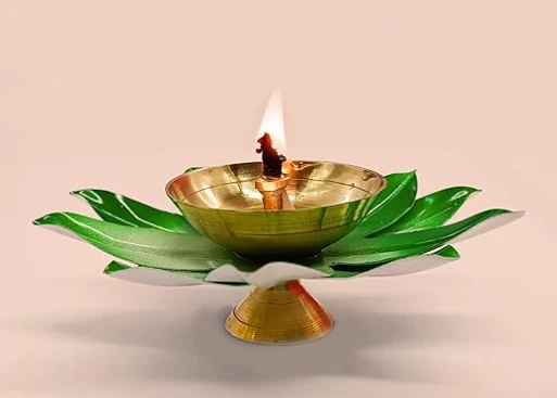 Lotus Brass Diya for Pooja – Hand-Painted Metal Oil Lamp for Diwali, Home Temple, Festival Decoration