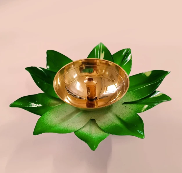 Lotus Brass Diya for Pooja – Hand-Painted Metal Oil Lamp for Diwali, Home Temple, Festival Decoration