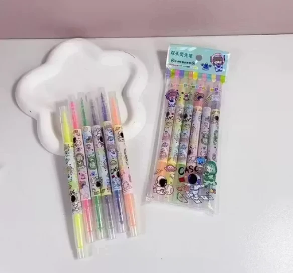 Kids Double Head Cartoon Printed Marker Highlighter Set of 6 Pcs Dual Head Marker Nib Sketch Pens