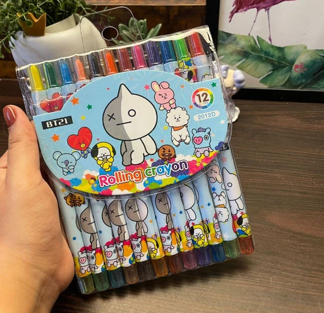 BTS Bt21 Themed Rolling Crayons with a Set of 3D stickers |Twistable Crayons| 24 Stickers| Birthday Gift/Return Gift for Kids- 12 Crayons