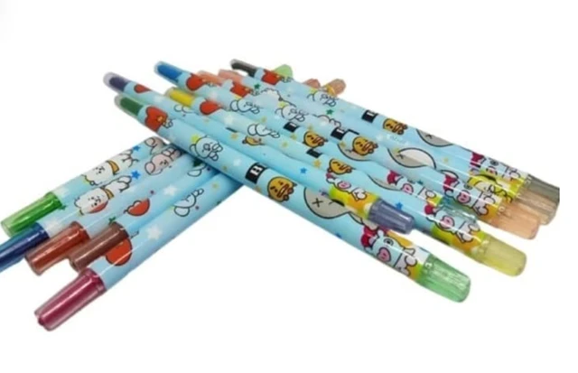 BTS Bt21 Themed Rolling Crayons with a Set of 3D stickers |Twistable Crayons| 24 Stickers| Birthday Gift/Return Gift for Kids- 12 Crayons