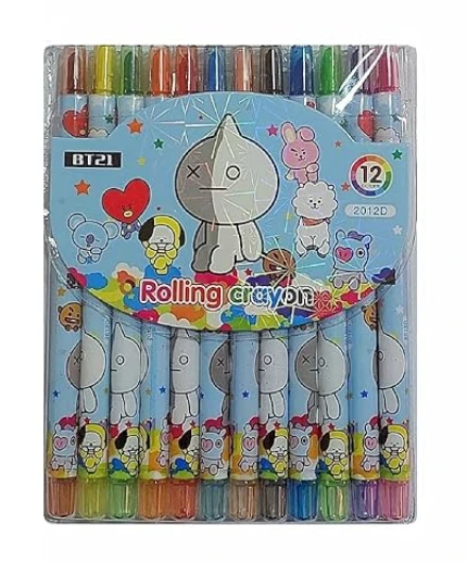 BTS Bt21 Themed Rolling Crayons with a Set of 3D stickers |Twistable Crayons| 24 Stickers| Birthday Gift/Return Gift for Kids- 12 Crayons