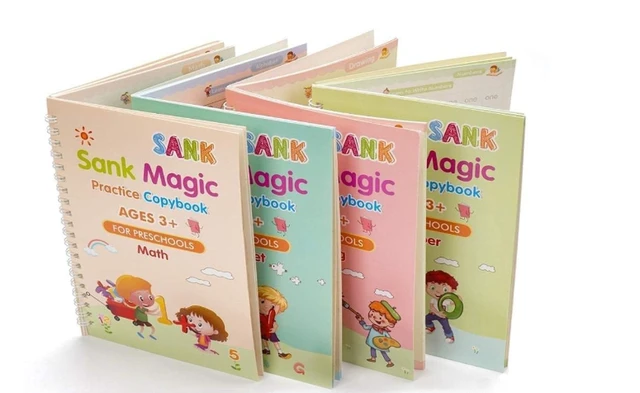 SHNMN Sank Magic Practice Copybook, (4 BOOK +1 PEN + 10 REFILL) Number Tracing Book for Preschoolers with Pen, Magic calligraphy books for kids Reusable Writing Tool