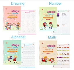 SHNMN Sank Magic Practice Copybook, (4 BOOK +1 PEN + 10 REFILL) Number Tracing Book for Preschoolers with Pen, Magic calligraphy books for kids Reusable Writing Tool