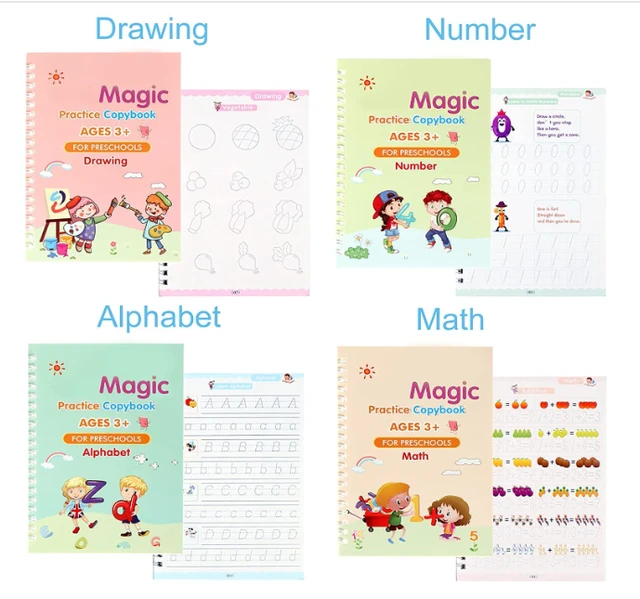 SHNMN Sank Magic Practice Copybook, (4 BOOK +1 PEN + 10 REFILL) Number Tracing Book for Preschoolers with Pen, Magic calligraphy books for kids Reusable Writing Tool