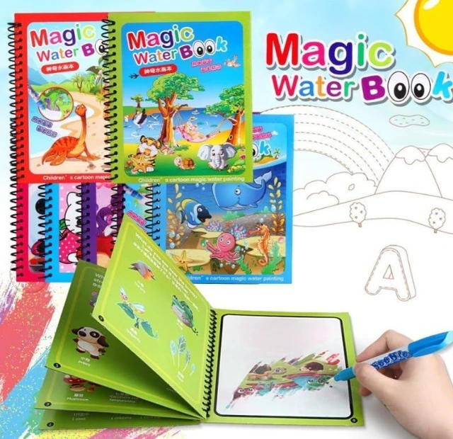 Plastic Magic Water Book (Pack of 4) for Kids with Magic Water Doodle Pen, Reusable Self Drying Water Painting Book | Age 3+ Years