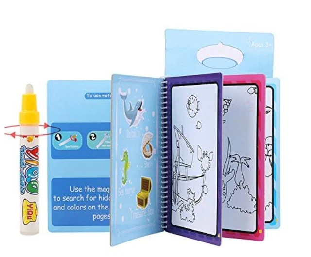 Plastic Magic Water Book (Pack of 4) for Kids with Magic Water Doodle Pen, Reusable Self Drying Water Painting Book | Age 3+ Years