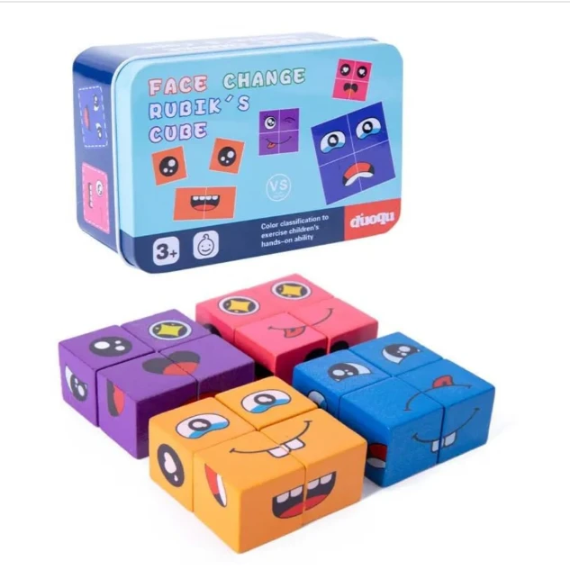 Wooden Emoji Face Changing Cube Puzzle Game Expressions Matching Block Puzzles Building Logical Educational Training Toys 16 Face Blocks & 72 Playing Cards Birthday Gift for Kids Boys Girls