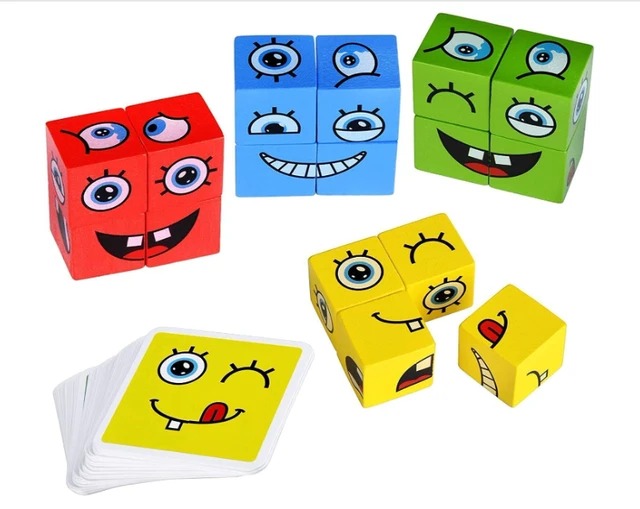 Wooden Emoji Face Changing Cube Puzzle Game Expressions Matching Block Puzzles Building Logical Educational Training Toys 16 Face Blocks & 72 Playing Cards Birthday Gift for Kids Boys Girls