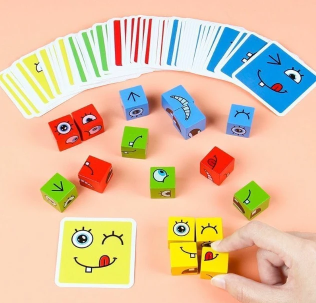 Wooden Emoji Face Changing Cube Puzzle Game Expressions Matching Block Puzzles Building Logical Educational Training Toys 16 Face Blocks & 72 Playing Cards Birthday Gift for Kids Boys Girls