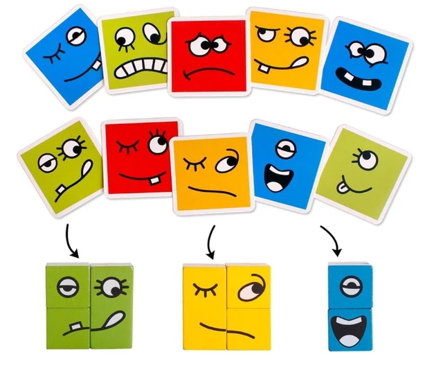 Wooden Emoji Face Changing Cube Puzzle Game Expressions Matching Block Puzzles Building Logical Educational Training Toys 16 Face Blocks & 72 Playing Cards Birthday Gift for Kids Boys Girls