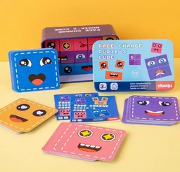 Wooden Emoji Face Changing Cube Puzzle Game Expressions Matching Block Puzzles Building Logical Educational Training Toys 16 Face Blocks & 72 Playing Cards Birthday Gift for Kids Boys Girls