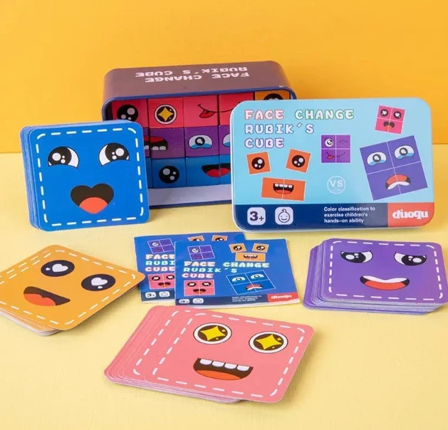 Wooden Emoji Face Changing Cube Puzzle Game Expressions Matching Block Puzzles Building Logical Educational Training Toys 16 Face Blocks & 72 Playing Cards Birthday Gift for Kids Boys Girls
