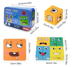 Wooden Emoji Face Changing Cube Puzzle Game Expressions Matching Block Puzzles Building Logical Educational Training Toys 16 Face Blocks & 72 Playing Cards Birthday Gift for Kids Boys Girls
