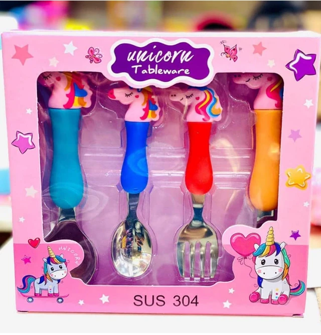 Unicorn Family Baby Spoon and Fork Cutlery for Babies and Kids - Stainless Steel (304) Tableware Set with Comfortable Handle for Boys and Girls