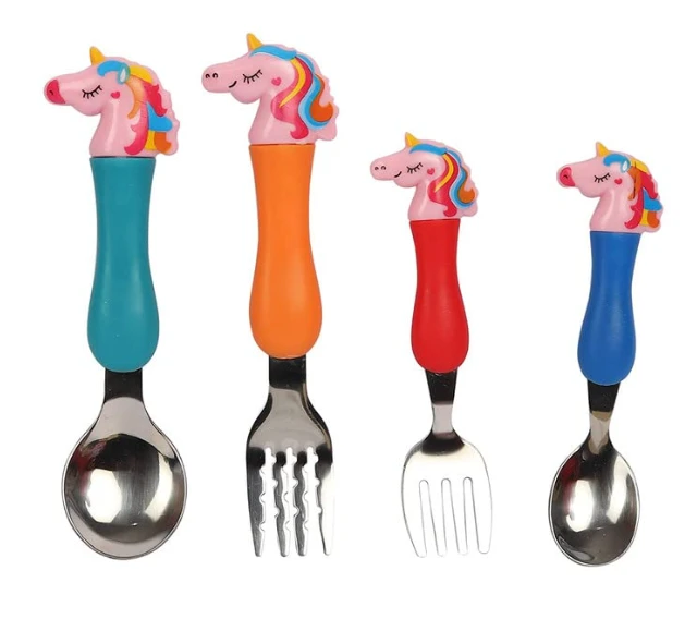 Unicorn Family Baby Spoon and Fork Cutlery for Babies and Kids - Stainless Steel (304) Tableware Set with Comfortable Handle for Boys and Girls