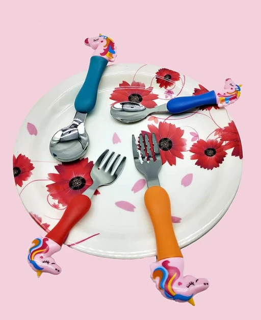 Unicorn Family Baby Spoon and Fork Cutlery for Babies and Kids - Stainless Steel (304) Tableware Set with Comfortable Handle for Boys and Girls
