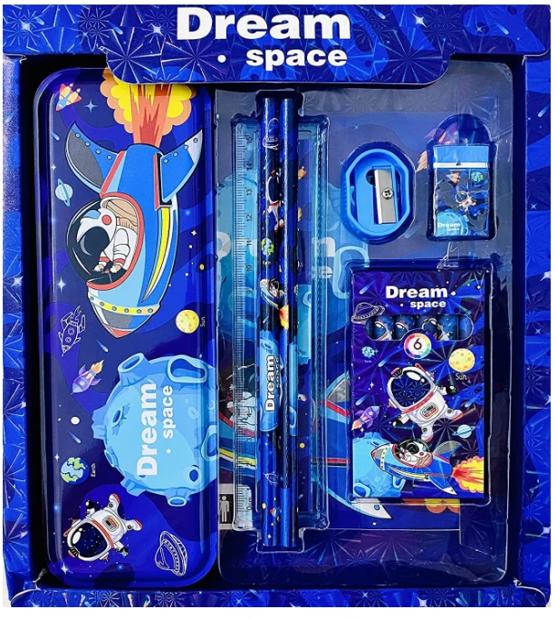 12pcs Space Theme Stationery Set for Boys Set of Pencil Eraser Color Scale Pencil Box Geometry School Stationery Kit Birthday Gift for boys, Return Gift, Rakhi Gift Set