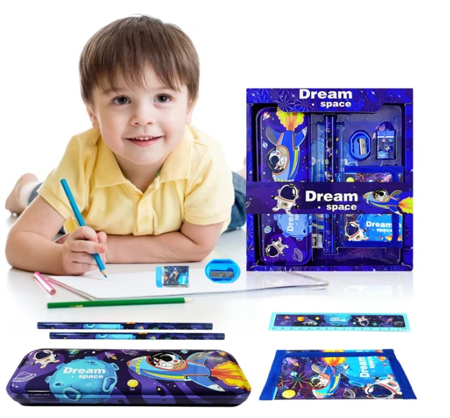 12pcs Space Theme Stationery Set for Boys Set of Pencil Eraser Color Scale Pencil Box Geometry School Stationery Kit Birthday Gift for boys, Return Gift, Rakhi Gift Set