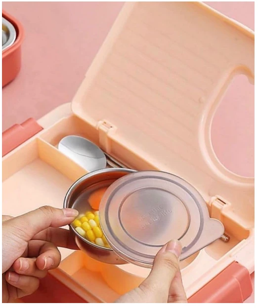 Stainless Steel Bento Lunch Box - 3 Compartments with Spoon & Chopsticks, BPA-Free, Dishwasher Safe, 1100ml + 150ml, Yellow - Kids Lunch Box for School, Office, College