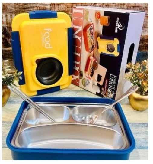 Stainless Steel Bento Lunch Box - 3 Compartments with Spoon & Chopsticks, BPA-Free, Dishwasher Safe, 1100ml + 150ml, Yellow - Kids Lunch Box for School, Office, College